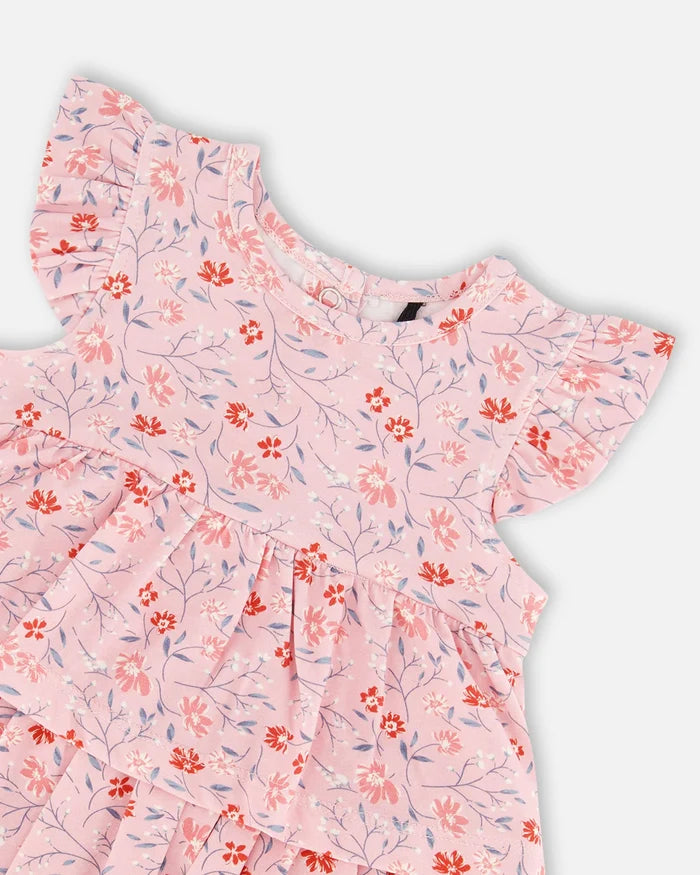 Deux Par Deux Organic Cotton Printed Bodysuit Dress  - Pink Little Flower