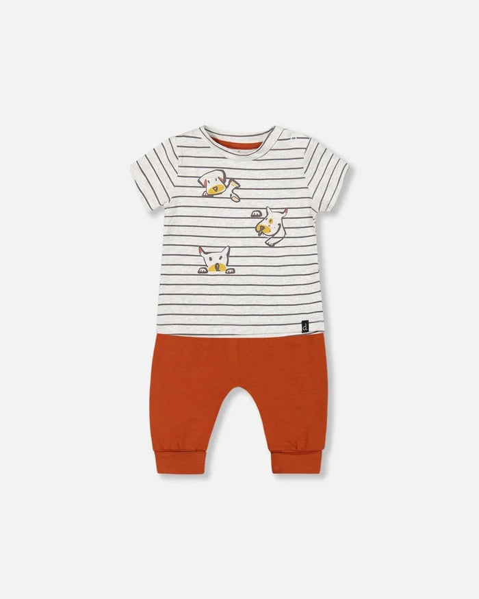 Deux Par Deux Organic Cotton Top And Evolutive Pant Set - Oatmeal And Cinnamon Puppy