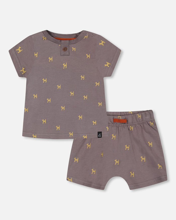 Deux Par Deux Organic Cotton Top & Short Set - Dark Grey With Printed Pixel Dog