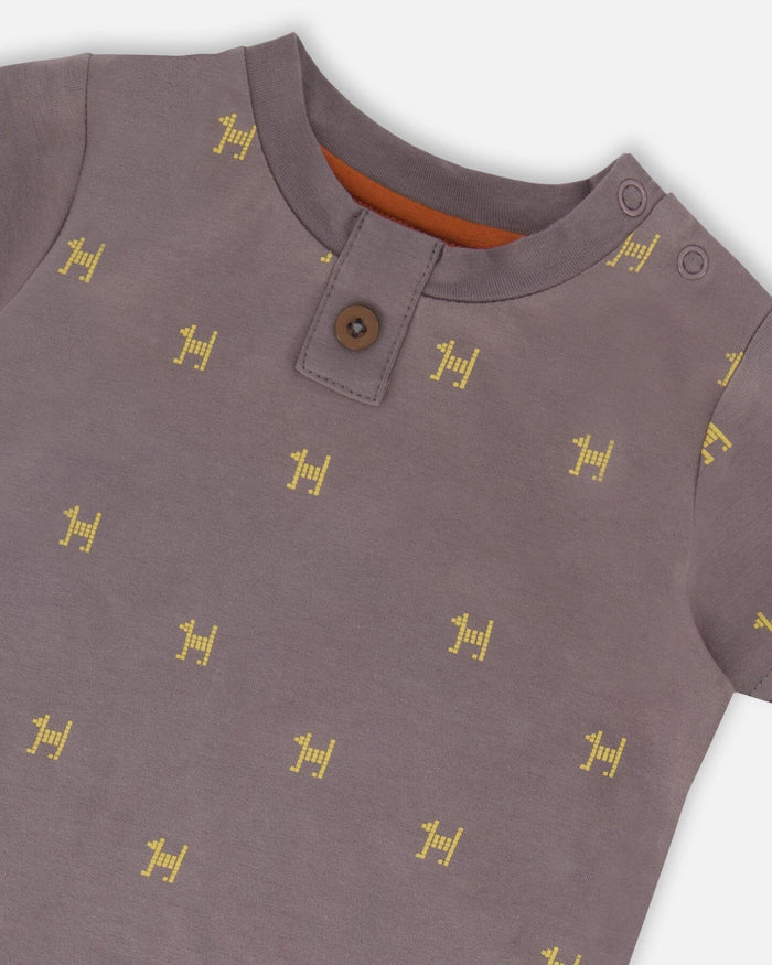 Deux Par Deux Organic Cotton Top & Short Set - Dark Grey With Printed Pixel Dog