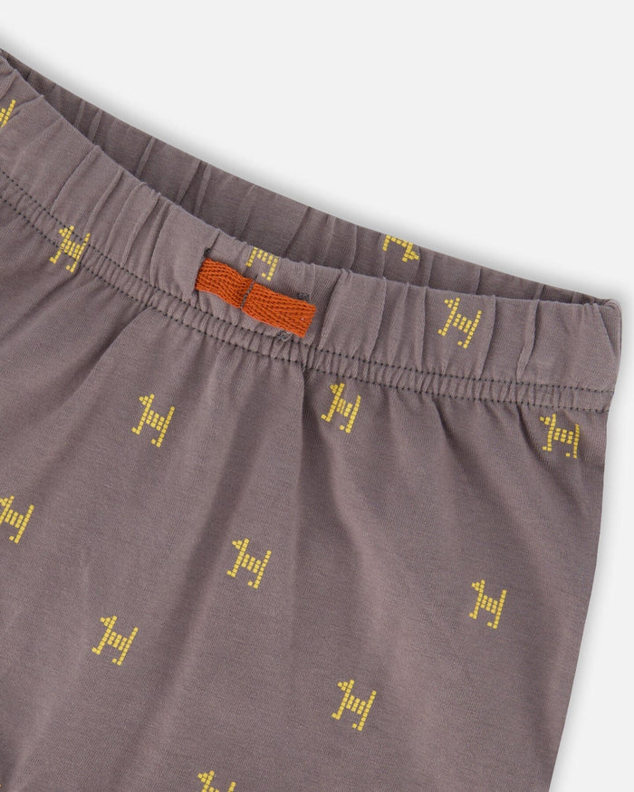 Deux Par Deux Organic Cotton Top & Short Set - Dark Grey With Printed Pixel Dog