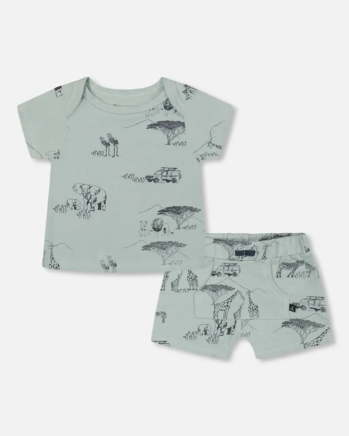 Deux Par Deux Organic Cotton Top & Short Set - Sage With Printed small Jungle