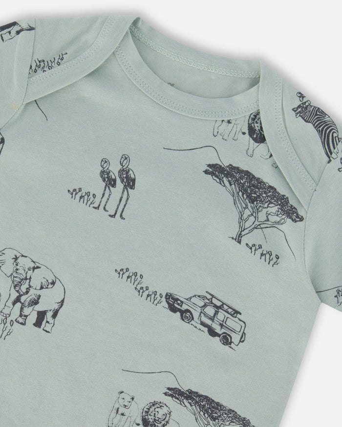 Deux Par Deux Organic Cotton Top & Short Set - Sage With Printed small Jungle