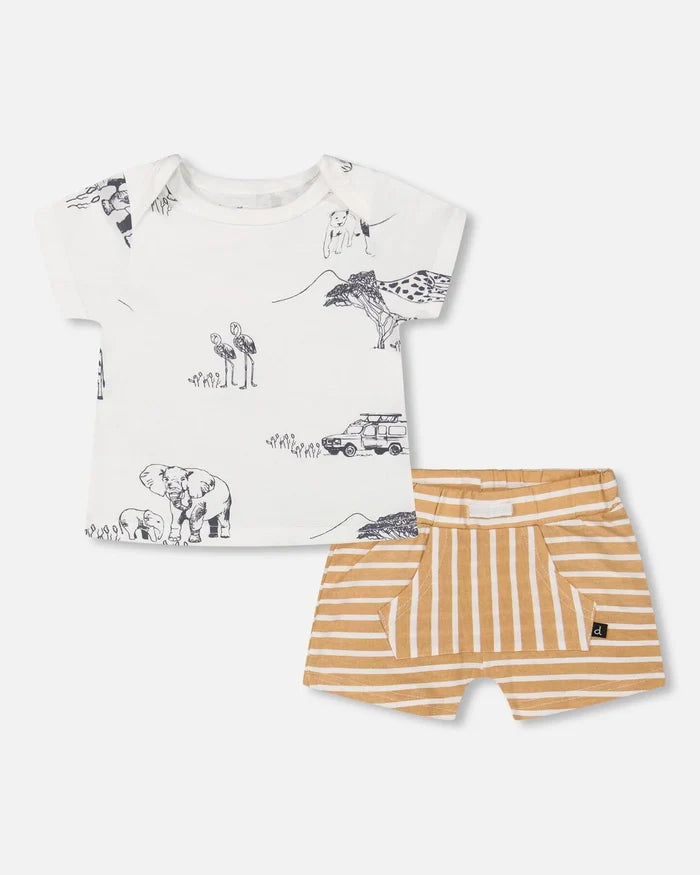Deux Par Deux Organic Cotton Top & Short Set - Tan Stripe Safari