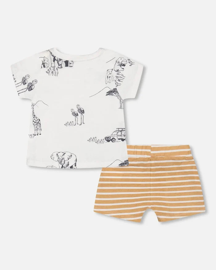 Deux Par Deux Organic Cotton Top & Short Set - Tan Stripe Safari