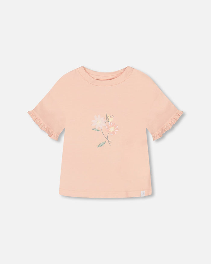 Deux Par Deux Organic Cotton Top With Print And Frills - Blush Pink