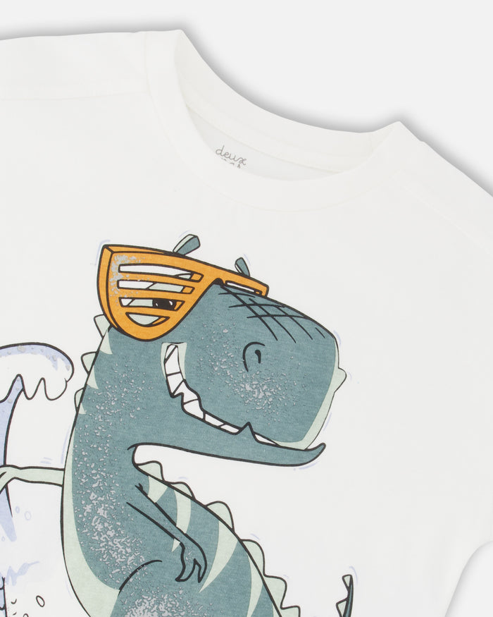 Deux Par Deux Organic Jersey Drop Shoulder T-Shirt - Off White Dino