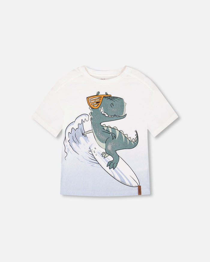 Deux Par Deux Organic Jersey Drop Shoulder T-Shirt - Off White Dino
