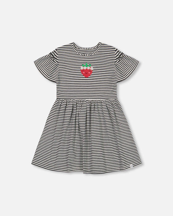 Deux Par Deux Printed Organic Jersey Dress + Flounce Sleeve - Black and White Stripe