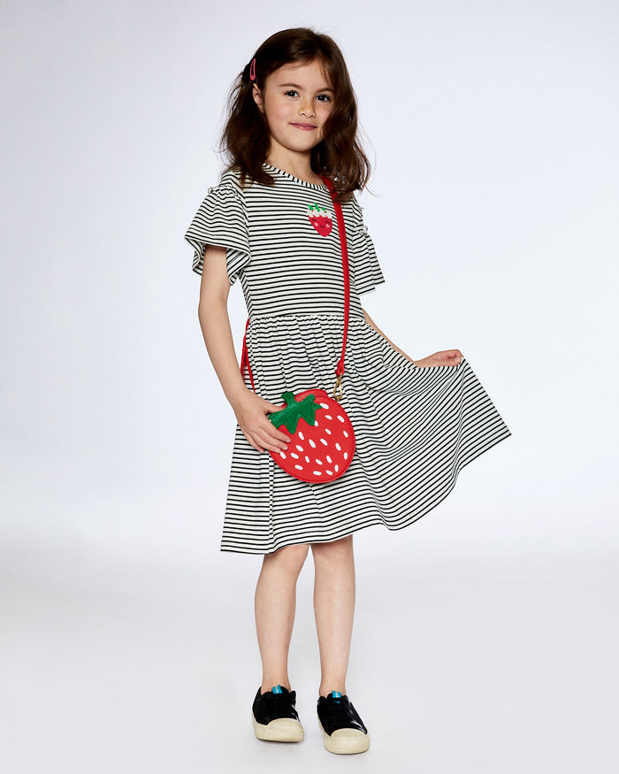 Deux Par Deux Printed Organic Jersey Dress + Flounce Sleeve - Black and White Stripe