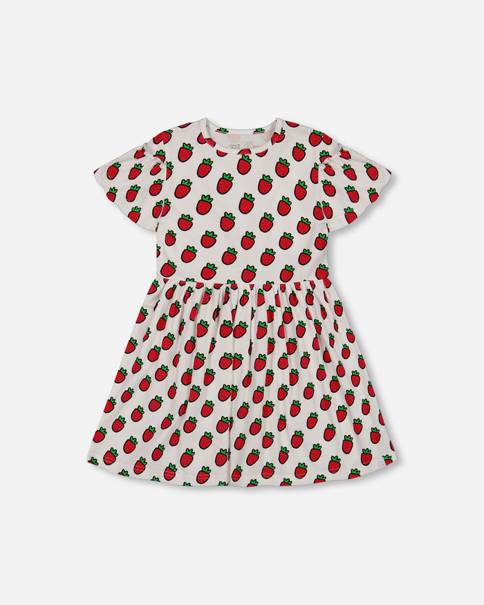 Deux Par Deux Printed Organic Jersey Dress + Flounce Sleeves - Pop Strawberry