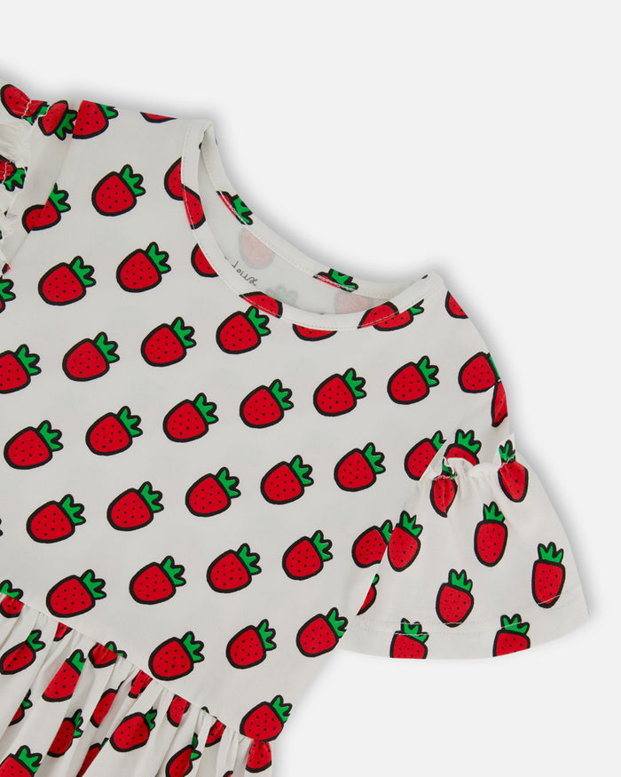 Deux Par Deux Printed Organic Jersey Dress + Flounce Sleeves - Pop Strawberry