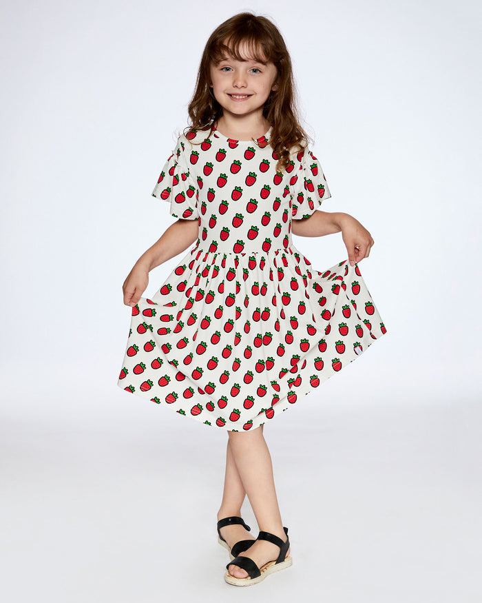Deux Par Deux Printed Organic Jersey Dress + Flounce Sleeves - Pop Strawberry