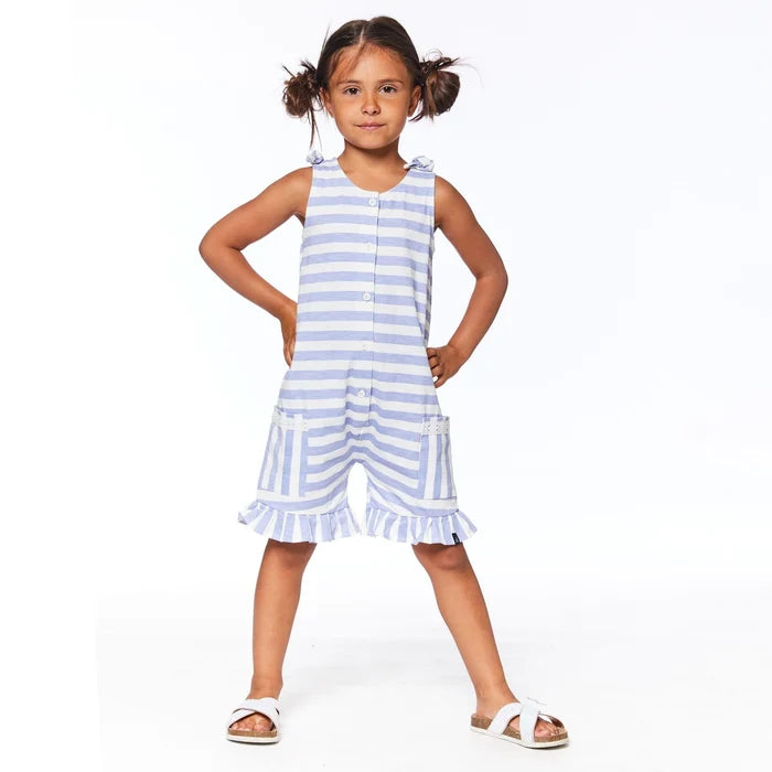 Deux Par Deux Striped Jumpsuit With Frill - Thistle/Off White