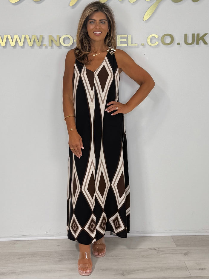 Diamond Detail V Neck Gold Hardware Floaty  Dress (3 Colours)