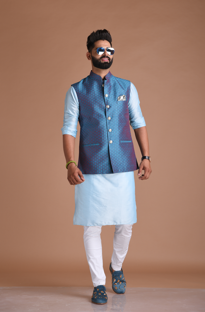 Diamond Pattern Half Jodhpuri Jacket With Kurta Pajama