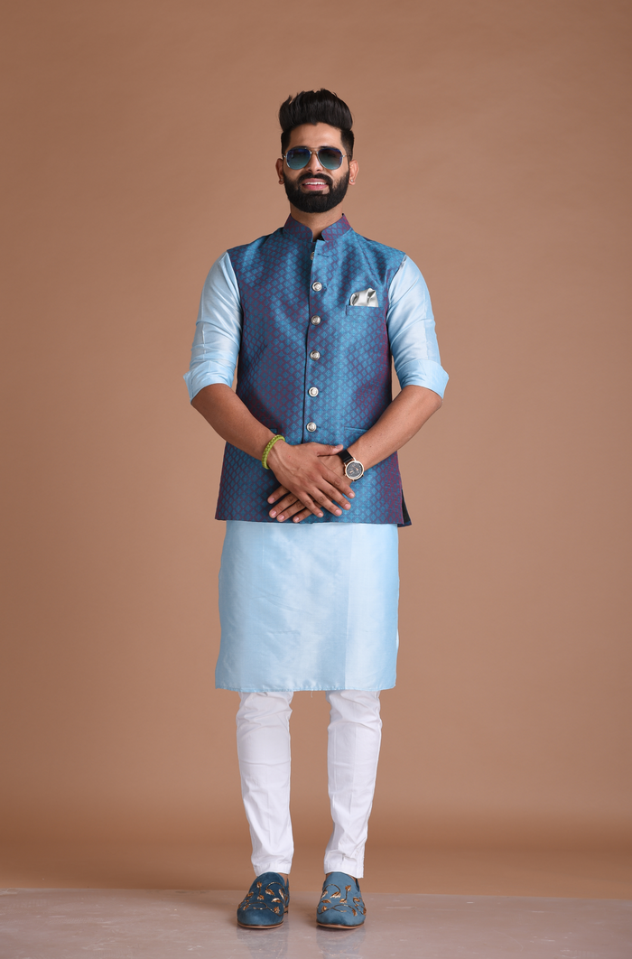 Diamond Pattern Half Jodhpuri Jacket With Kurta Pajama
