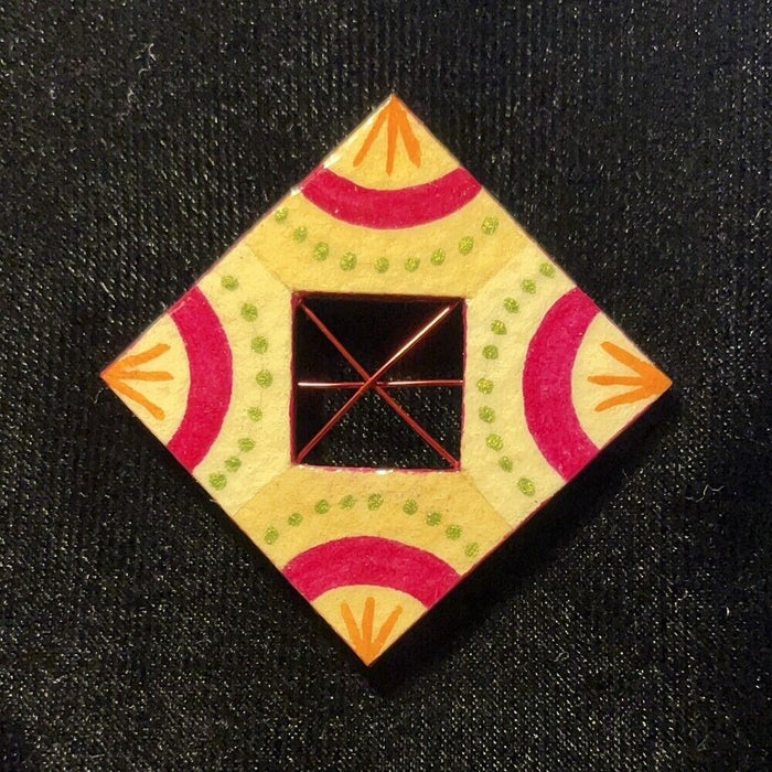 Diamond Shape Jewelry Art Brooch in Red Orange Green and Shades of Cream