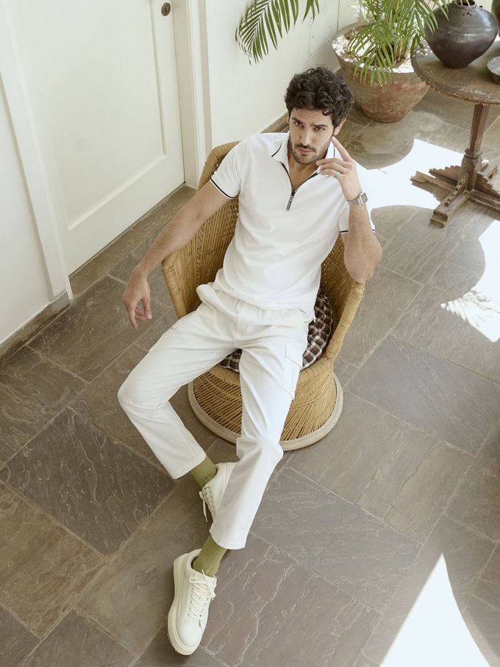 Diverge White Cotton Tipped Polo T-Shirt