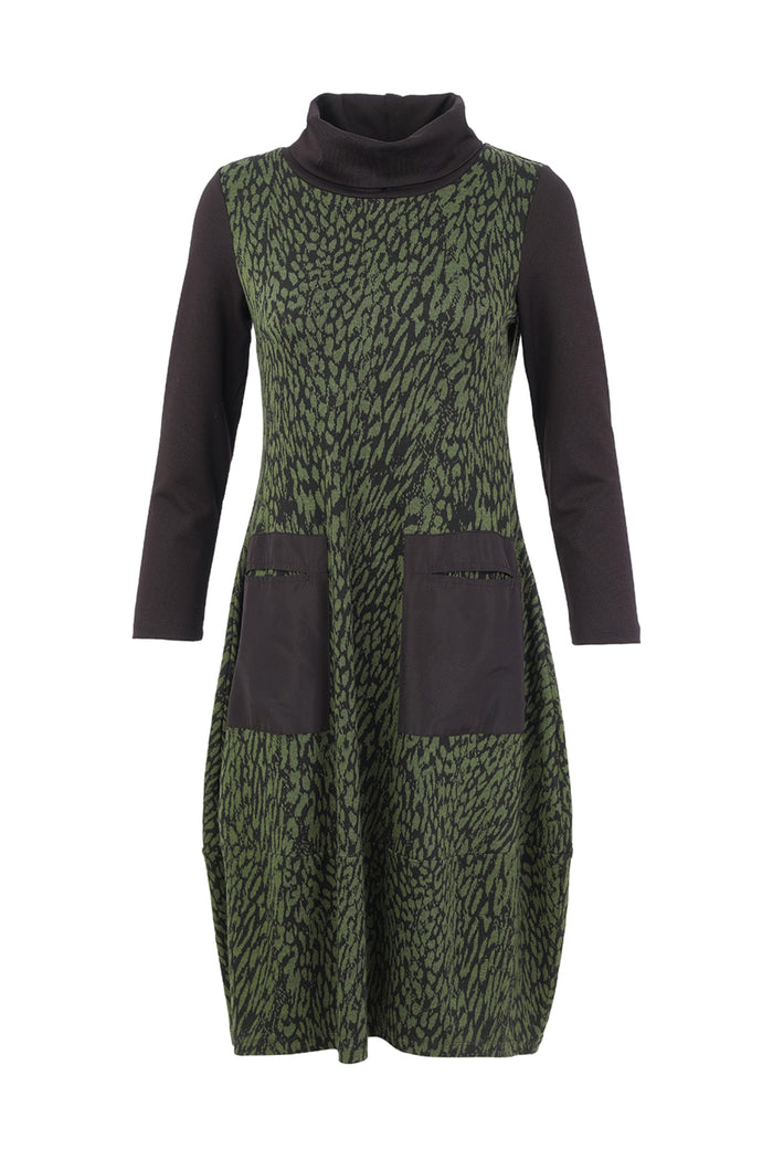 Dotique Dolcezza 76114 assorted abstract print knit dress with a roll neckline, contrast black sleeves and front patch pockets.