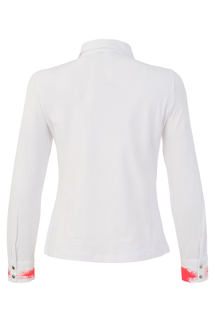 Dotique Dolcezza 76262 assorted abstract print knit blouse with a shirt collar, button-through front and long sleeves.