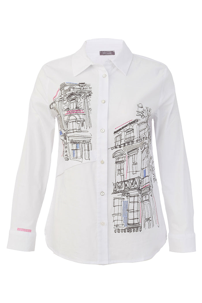 Dotique Dolcezza 76265 woven blouse in assorted architectural print with a shirt collar and button-through front.