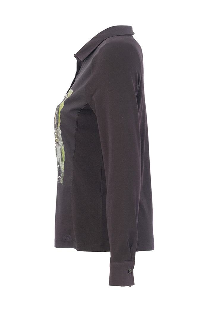 Dotique Dolcezza 76268 assorted abstract print knit blouse in black with a shirt collar and button-through front.