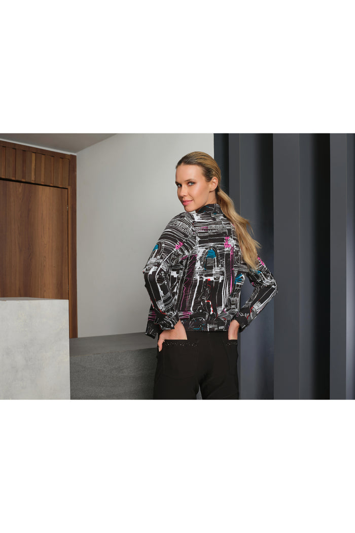 Dotique Dolcezza 76646 assorted cityscape print knit jacket with a classic collar, button fastening and chest pockets.