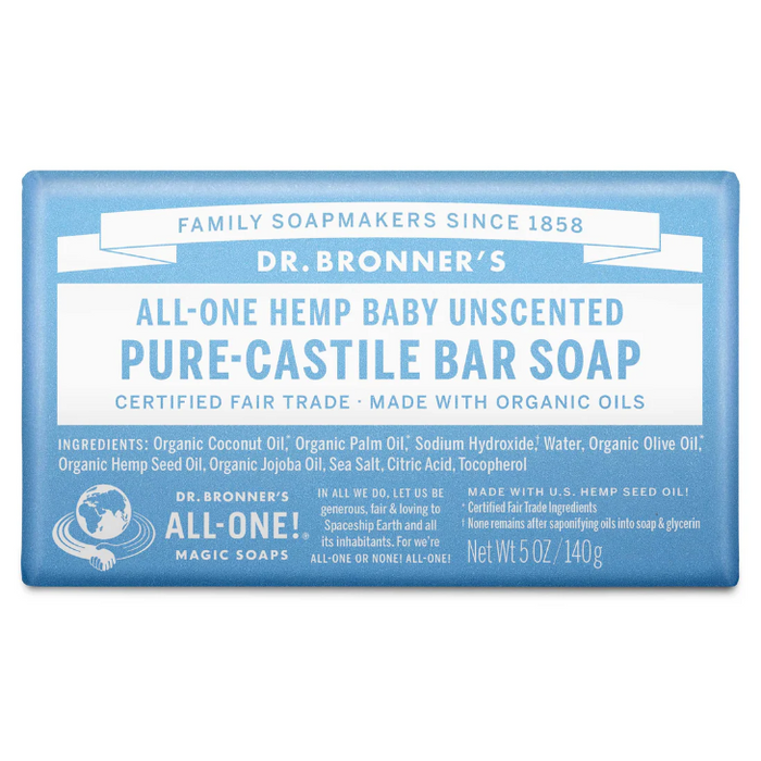 Dr. Bronner's All-One Hemp Unscented Baby-Mild Pure-Castile Bar Soap 140g