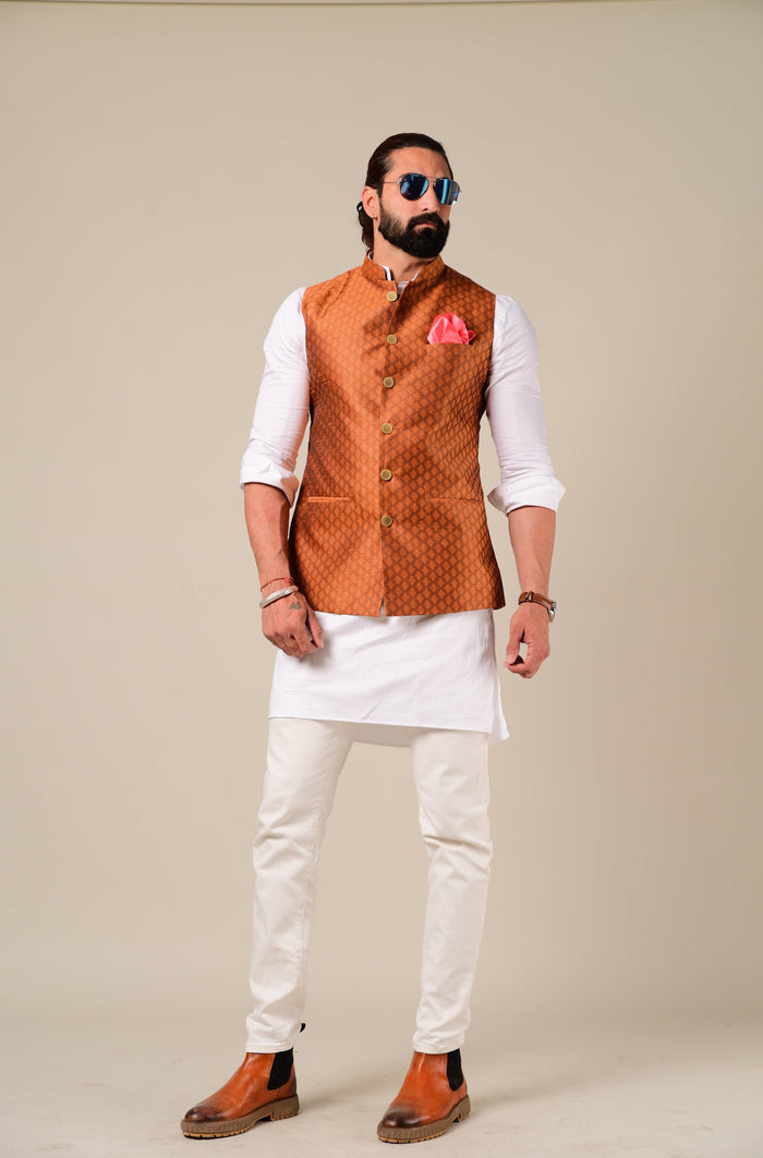 Elegant Bright Rust Half Jodhpuri Jacket With Kurta Pajama Set
