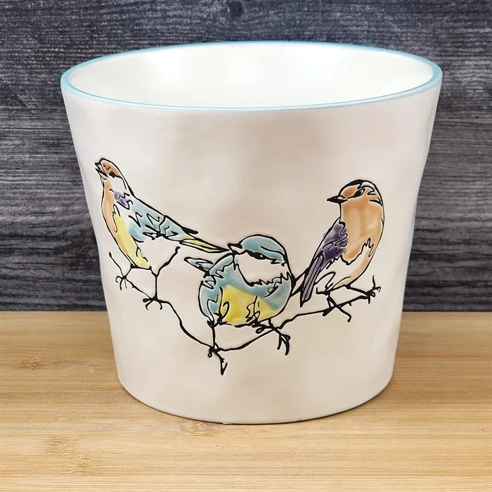 Elmwood Bird Style Ceramic Planter Songbirds Pot Herbs Succulents Blue Sky 5in