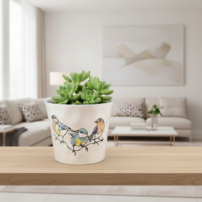 Elmwood Bird Style Ceramic Planter Songbirds Pot Herbs Succulents Blue Sky 5in