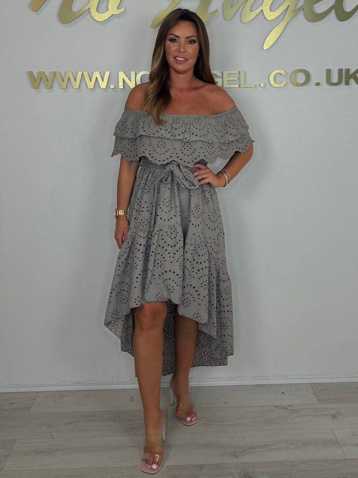 Embroidered Anglaise Laser Cut Bardot High Low Belted Dress (3 Colours)