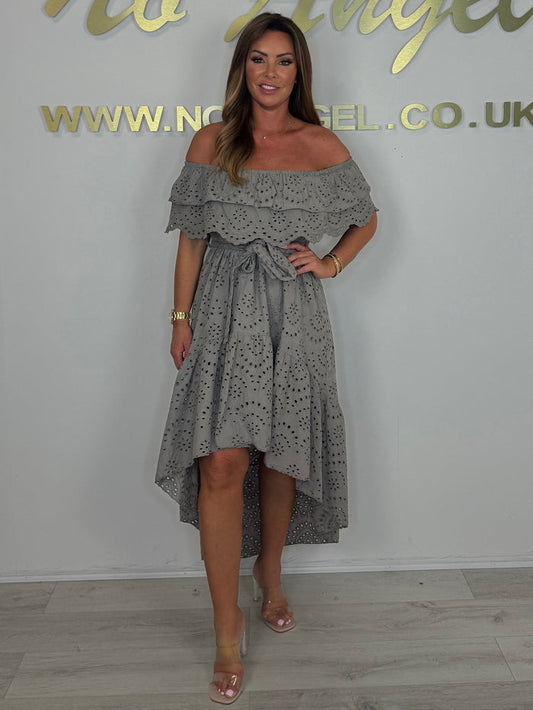 Embroidered Anglaise Laser Cut Bardot High Low Belted Dress (3 Colours)