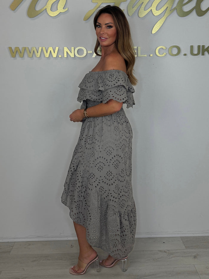 Embroidered Anglaise Laser Cut Bardot High Low Belted Dress (3 Colours)