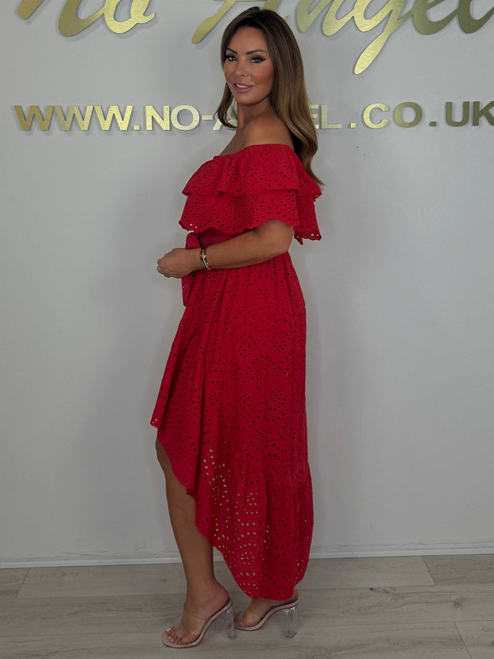 Embroidered Anglaise Laser Cut Bardot High Low Belted Dress (3 Colours)