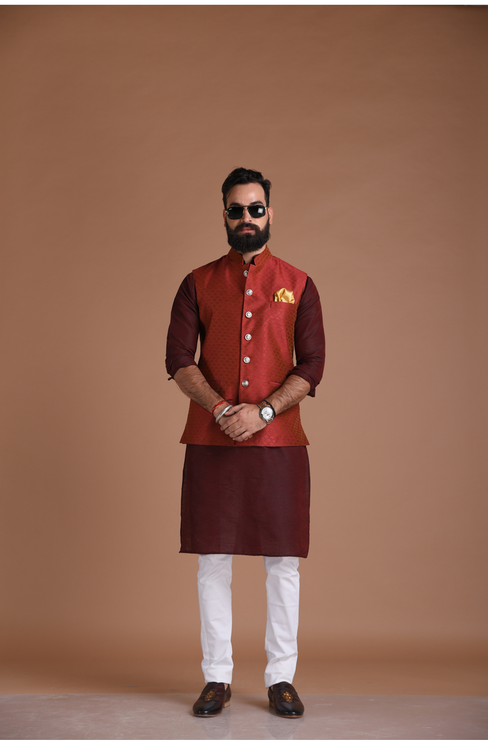 Embroidered Pattern Dark Red Half Jodhpuri Designer Jacket With Kurta Pajama