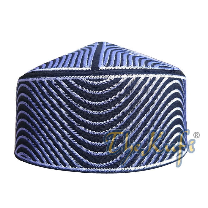 Exclusive Black Round Peak-Top Wave Design Kufi Hat with Silver-Tone Embroidery Semi-Rigid Taj Crown Cap