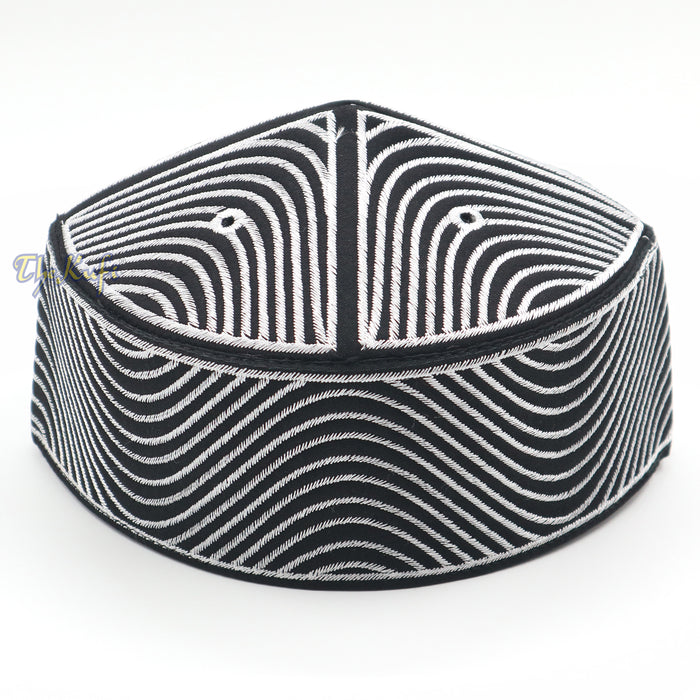 Exclusive Black Round Peak-Top Wave Design Kufi Hat with Silver-Tone Embroidery Semi-Rigid Taj Crown Cap