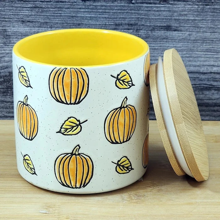 Fall Pumpkin Canister & Bamboo Lid Embossed 4" Ceramic Yellow Jar Blue Sky