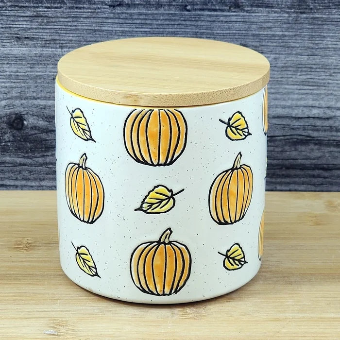 Fall Pumpkin Canister & Bamboo Lid Embossed 4" Ceramic Yellow Jar Blue Sky