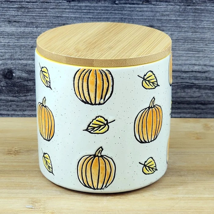Fall Pumpkin Canister & Bamboo Lid Embossed 4" Ceramic Yellow Jar Blue Sky