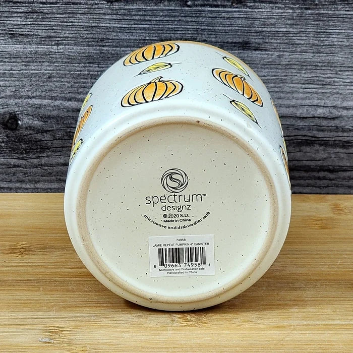 Fall Pumpkin Canister & Bamboo Lid Embossed 4" Ceramic Yellow Jar Blue Sky