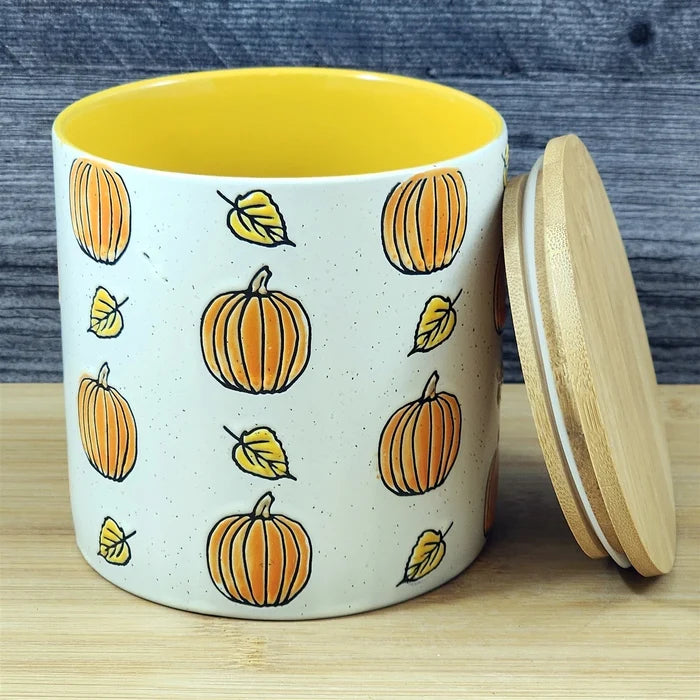 Fall Pumpkin Canister & Bamboo Lid Embossed 5" Ceramic Yellow Jar Blue Sky