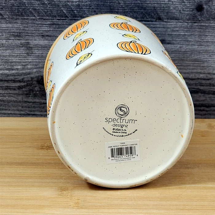 Fall Pumpkin Canister & Bamboo Lid Embossed 5" Ceramic Yellow Jar Blue Sky