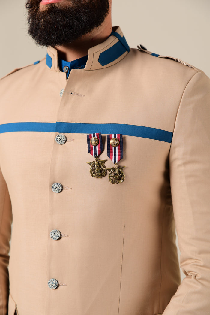 Fawn & Cerulean Color Bandhgala Jacket With Kurta Pajama Set