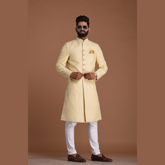 Fawn Golden Color Booti Club Pattern Brocade Silk Sherwani