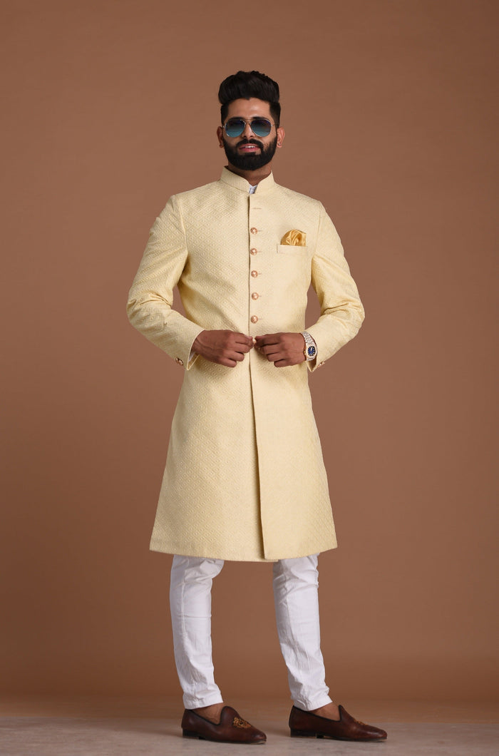 Fawn Golden Color Booti Club Pattern Brocade Silk Sherwani