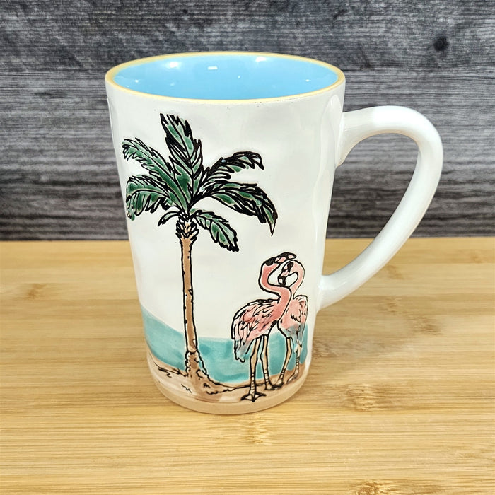 Flamingo with Palm Tree Coffee Mug Ceramic Beach Tropical Ocean Cup Blue Sky