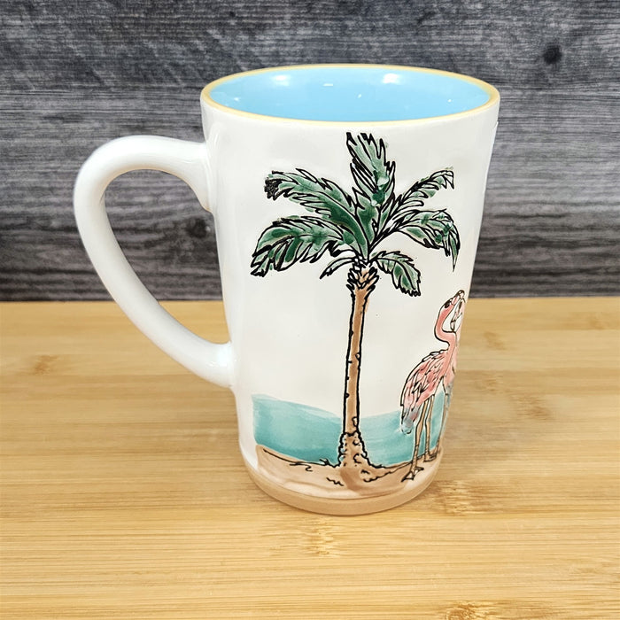 Flamingo with Palm Tree Coffee Mug Ceramic Beach Tropical Ocean Cup Blue Sky